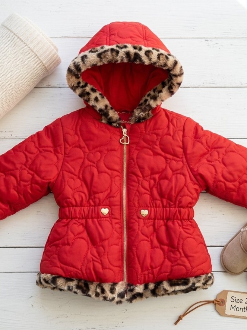 Pistachio Girls Red Quilted Hooded Coat 24M Leopard Trim Heart Buttons